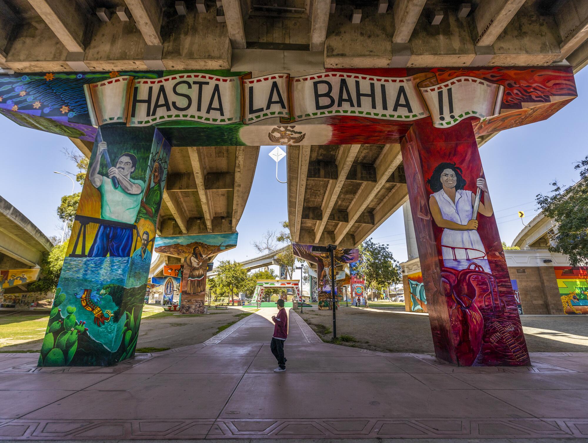 Murals on pylons below a bridge in San Diego.