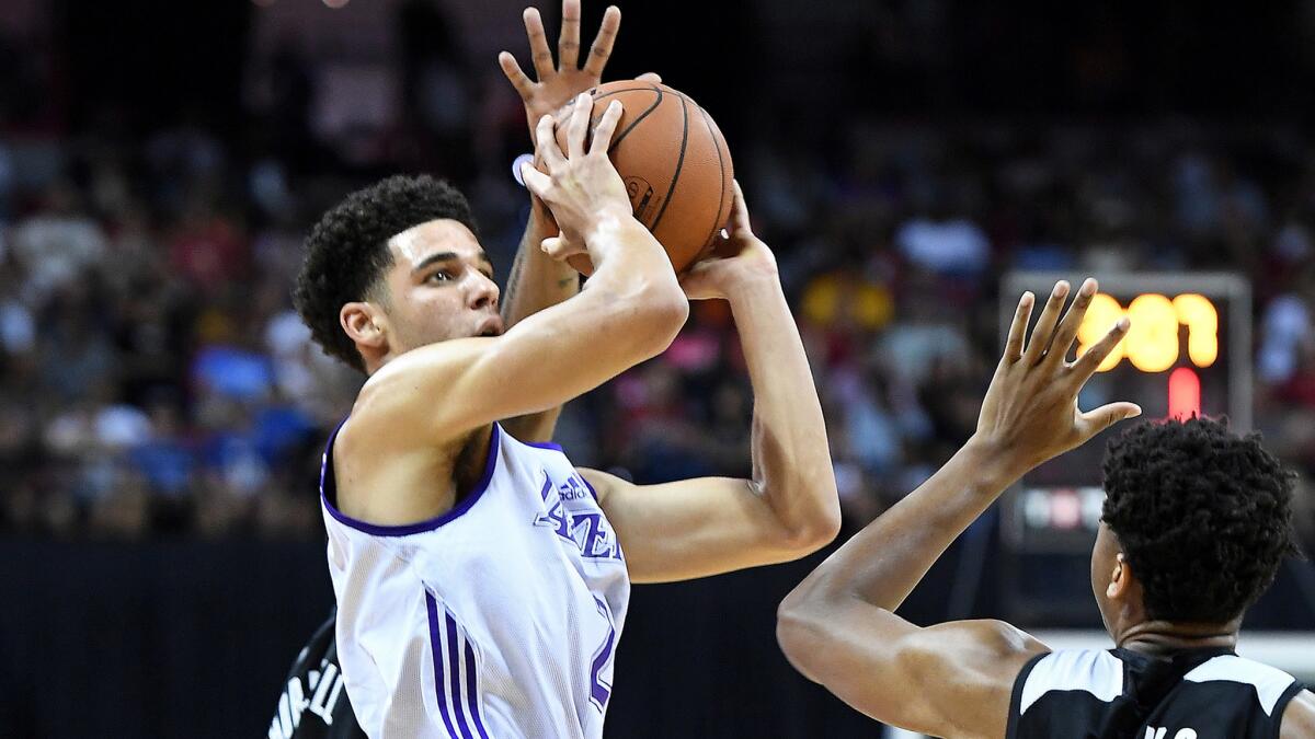 The Lakers' Lonzo Ball shoots against the Clippers during the NBA Summer League at the Thomas and Mack Center in Las Vegas on July 7.