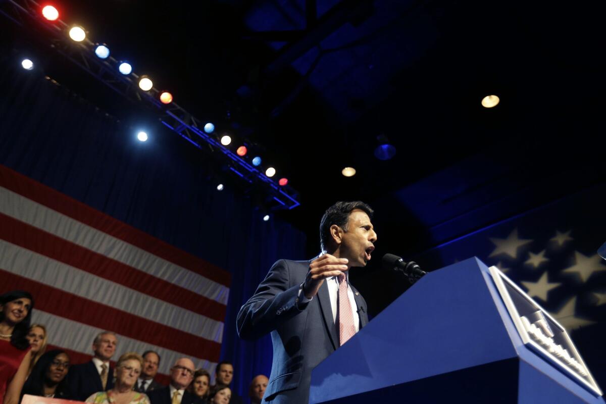 Louisiana Gov. Bobby Jindal announces his candidacy for President in Kenner, La. on June 24. Jindal is one of many prominent politicians to have recently used the phrase "Let's be clear" in a speech or essay.