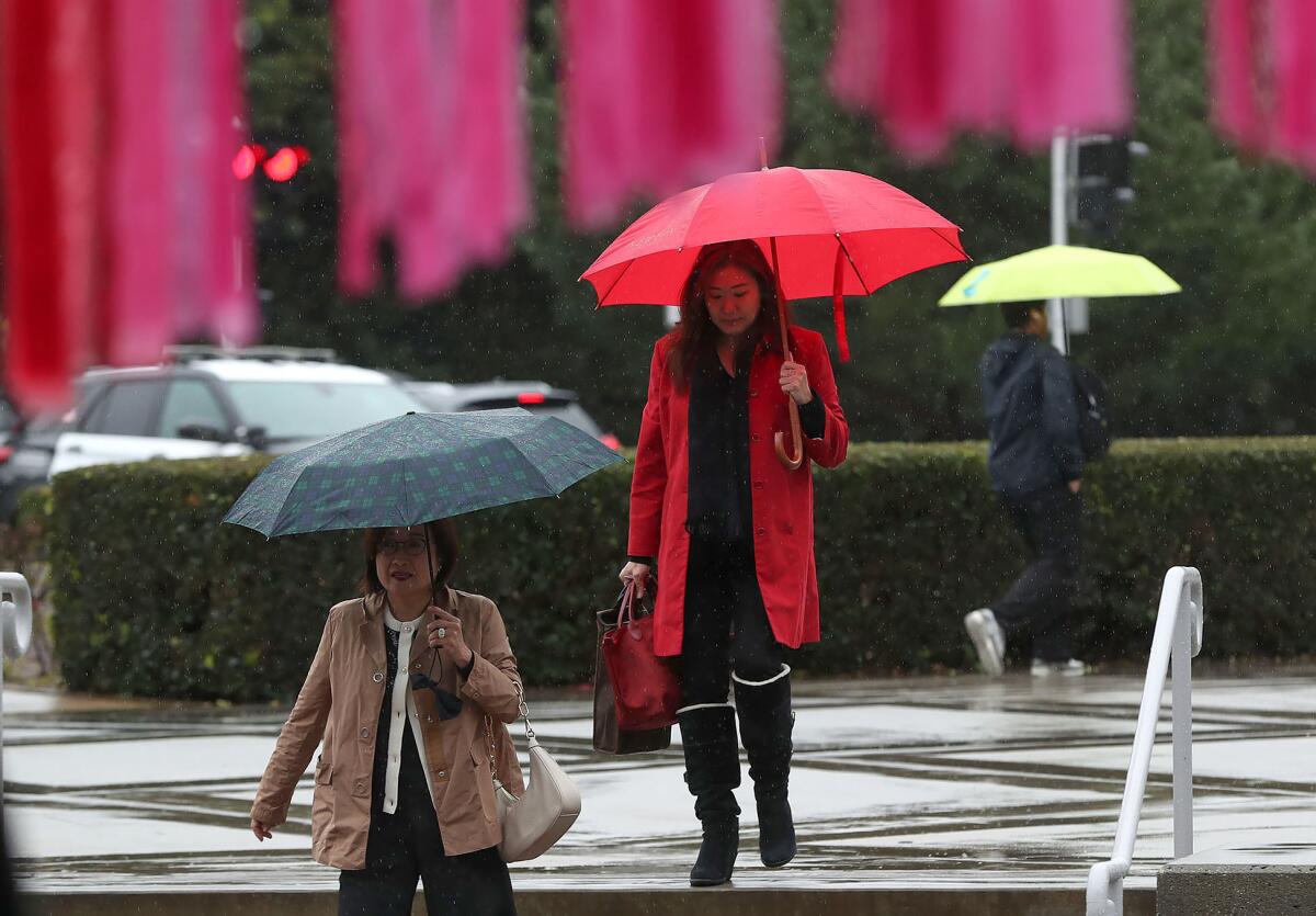 Guests arrive under umbrellas to the Lunar New Year celebration at Irvine Barclay Theater.