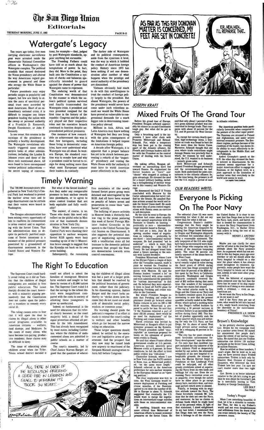 "Watergate's Legacy," an editorial from The San Diego Union, Thursday, June 17, 1982.