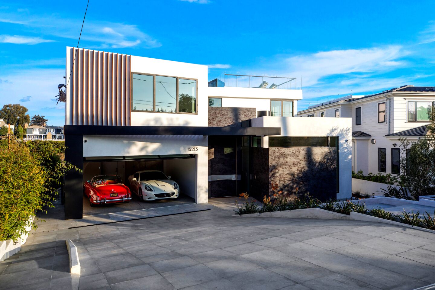 The modern exterior of the Palisades home