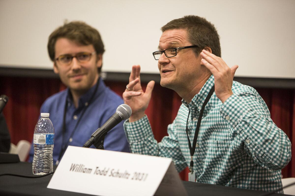 William Todd Schultz, right, and Ben Tarnoff at the "Art as Influencer" panel at the Los Angeles Times Festival of Books