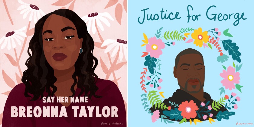 Two colorful artworks in memory of Breonna Taylor and George Floyd