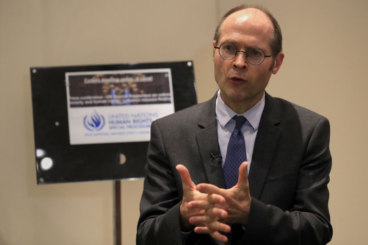 Olivier De Schutter, the UN Special Rapporteur on extreme poverty and human rights, speaks during an interview with Associated Press, in Beirut, Lebanon, Friday, Nov. 12, 2021. De Schutter said Lebanon is a failing state that has failed its population struggling with an unprecedented situation of converging crises that have quickly impoverished the population of the once middle-class family. (AP Photo/Hussein Malla)