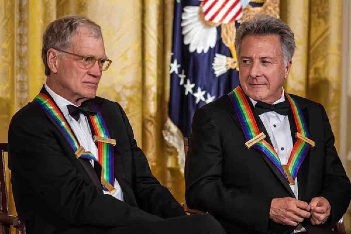 David Letterman, left, and Dustin Hoffman were among the Kennedy Center Honors recipients who were presented with their medallions on Saturday night ahead of the gala on Sunday.