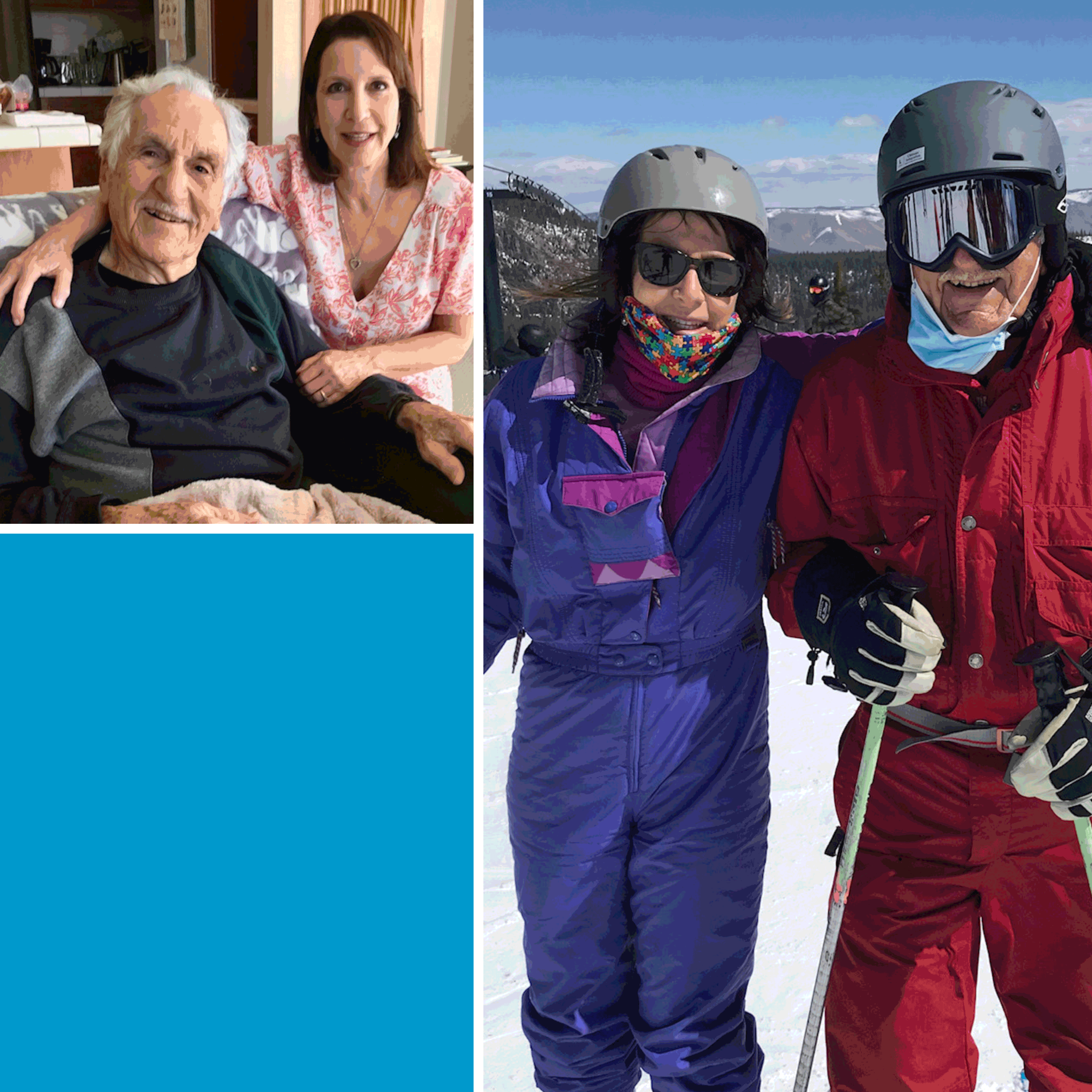 Harold Koletsky and his daughter Susan Davis, during his recovery, left, and on the slopes last month.