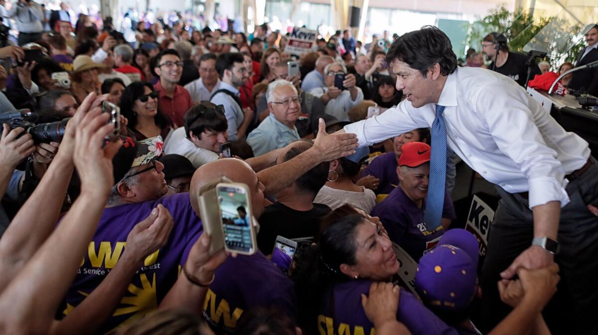 State Senate leader Kevin de León greets supporters during an event held to formally announce his run for U.S. Senate on Wednesday in Los Angeles.