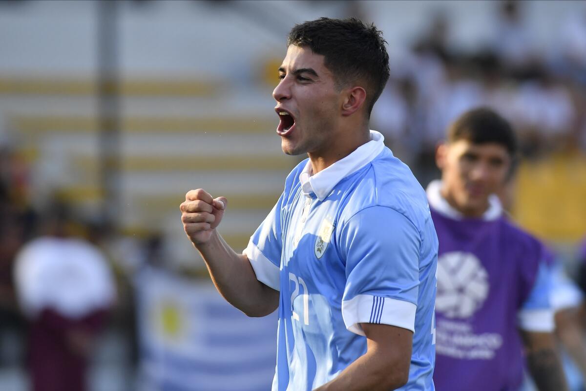 Renzo Sánchez celebra tras anotar el tercer gol de Uruguay en la victoria 3-0 ante Perú 