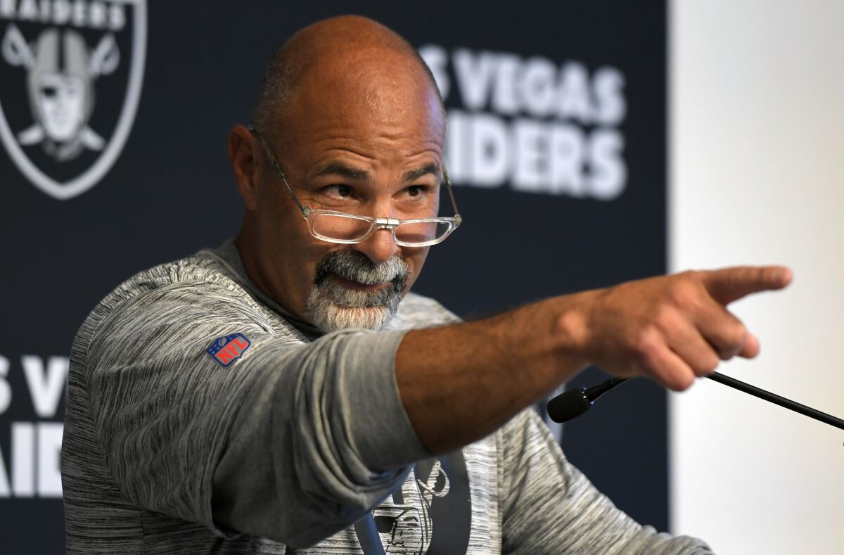 Las Vegas Raiders interim head coach Rich Bisaccia speaks during a press conference after NFL football practice Wednesday, Oct. 13, 2021, in Henderson, Nev. (AP Photo/David Becker)