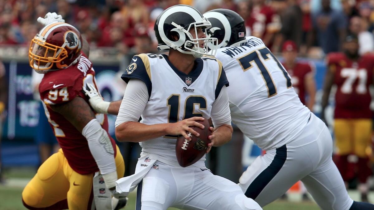 Rams quarterback Jared Goff looks for an open receiver against the Redskins on Sept. 17.