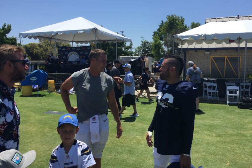 Chargers quarterback Phil Rivers, left,  talks to former teammate, Rams safety Eric Weddle, before the teams' joint practice.