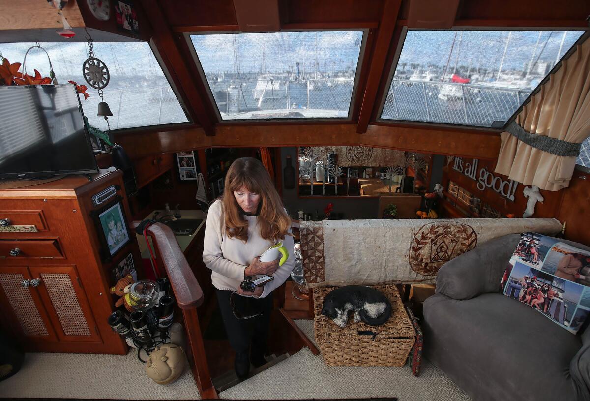 Marlene Webster on her live-aboard vessel in Newport Harbor in Newport Beach.
