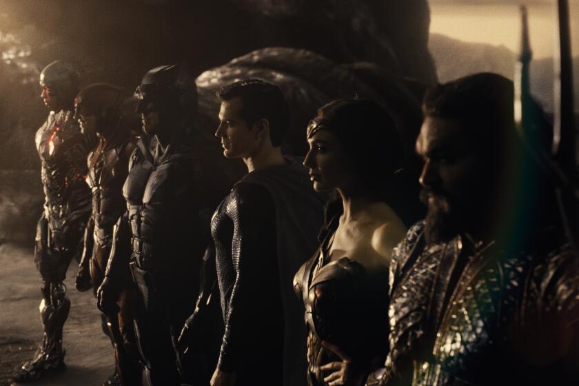 Ray Fisher, Ezra Miller, Ben Affleck, Henry Cavill, Gal Gadot and Jason Momoa in the movie "Zack Snyder's Justice League."