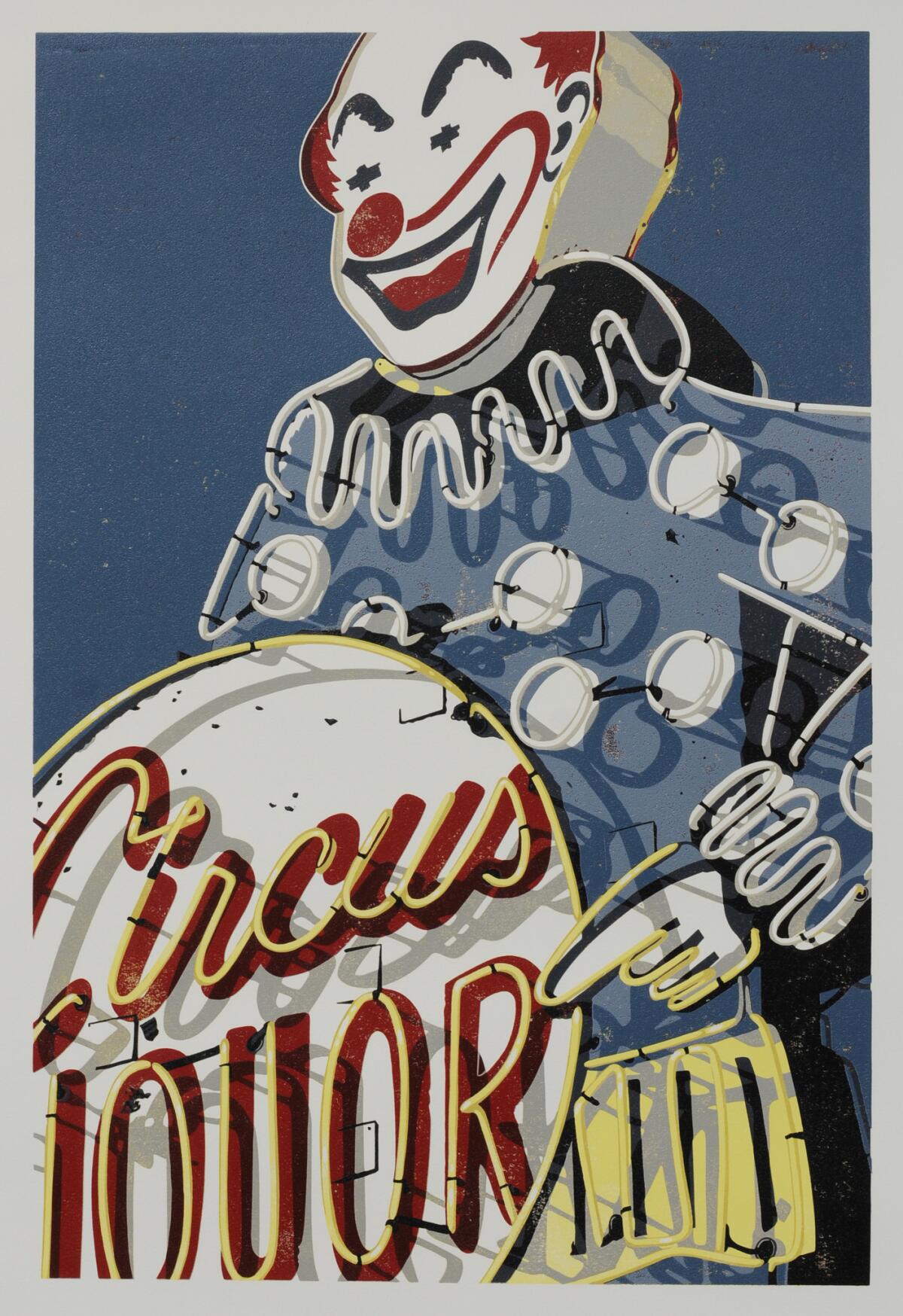 Dave Lefner's "Circus Liquor," 2011. Reduction linocut in 10 colors, 30 inches by 20 inches. (Dave Lefner)