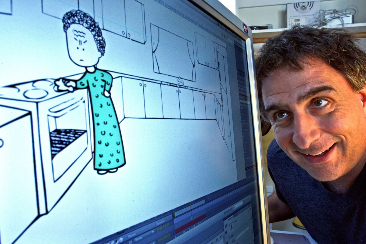 Animation director Walter Santucci with an image of "Mother Lee," a character in the TV cartoon that will debut on Mnet in June.