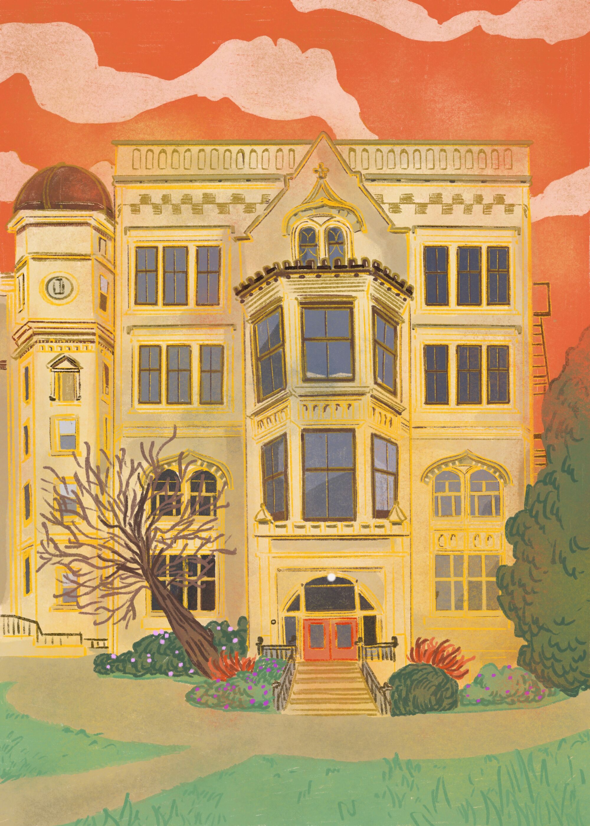 A drawing of an ornate four-story building with a reddish sky above.