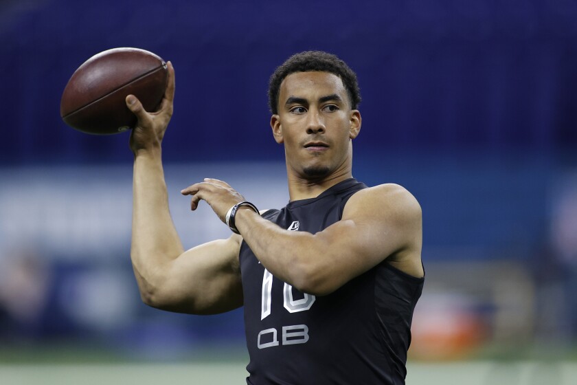 Quarterback Jordan Love of Utah State readies to throw a pass during the NFL scouting combine in February. 
