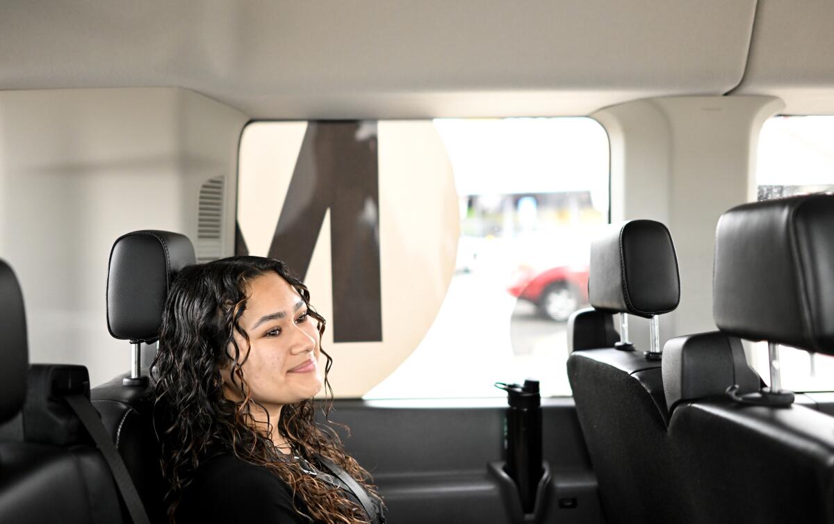 A woman sits in a van.