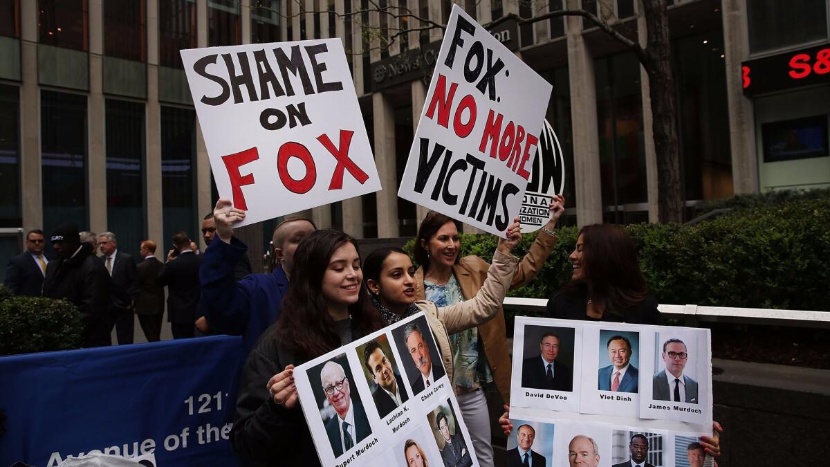 Members of the National Organization for Women protest outside Fox headquarters in New York last week.