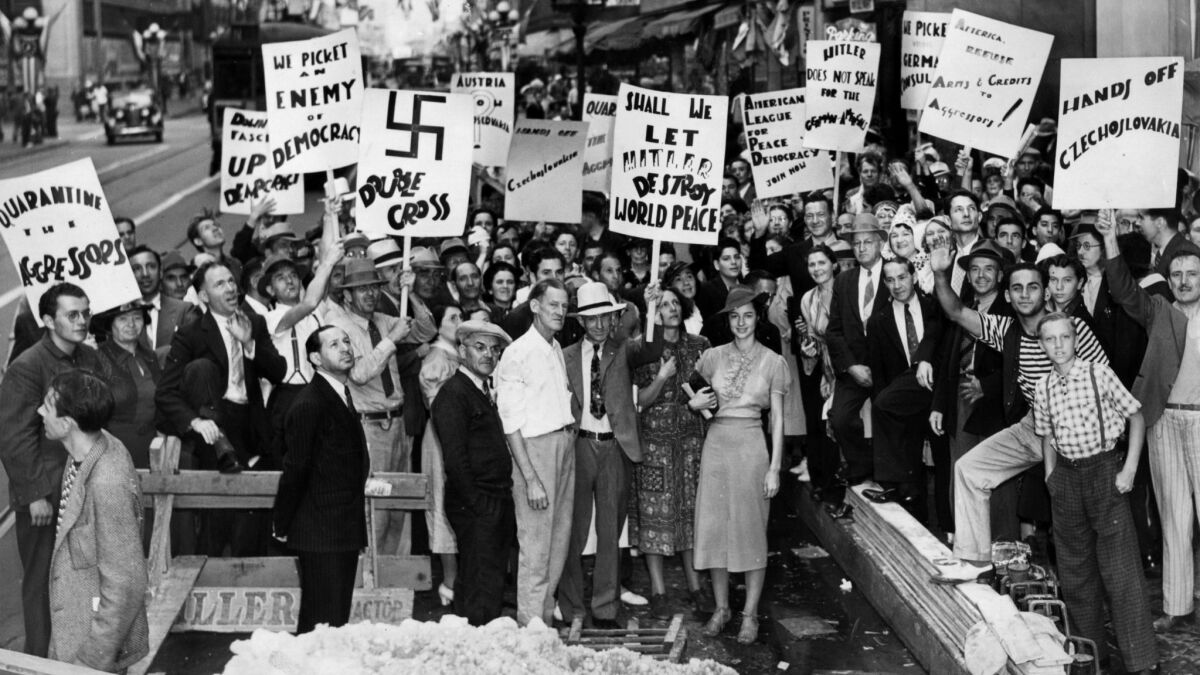 Anti-Nazi demonstrators in front of the German Consulate in Los Angeles on Sep. 17, 1938.
