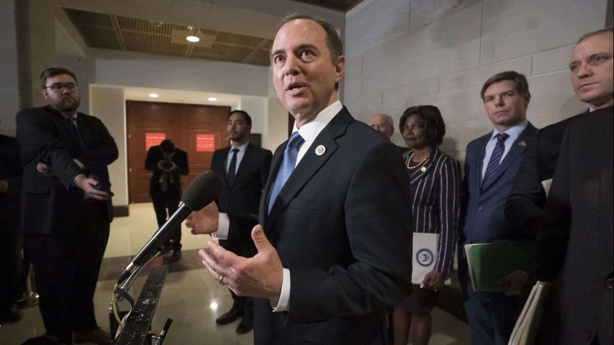 Rep. Adam Schiff, chairman of the House Intelligence Committee, talks to reporters after a day of interviewing Michael Cohen, President Donald Trump's former lawyer, on Feb. 28.