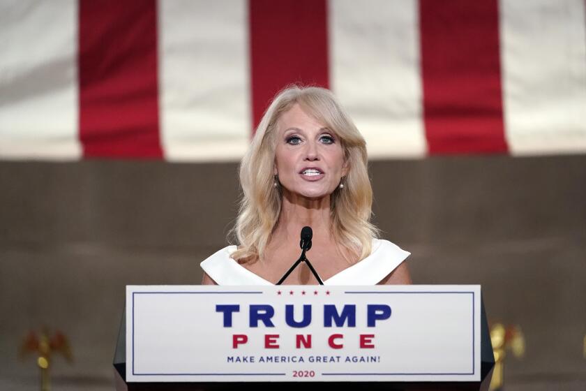 White House counselor Kellyanne Conway tapes her speech for the third day of the Republican National Convention from the Andrew W. Mellon Auditorium in Washington, Wednesday, Aug. 26, 2020. (AP Photo/Susan Walsh)