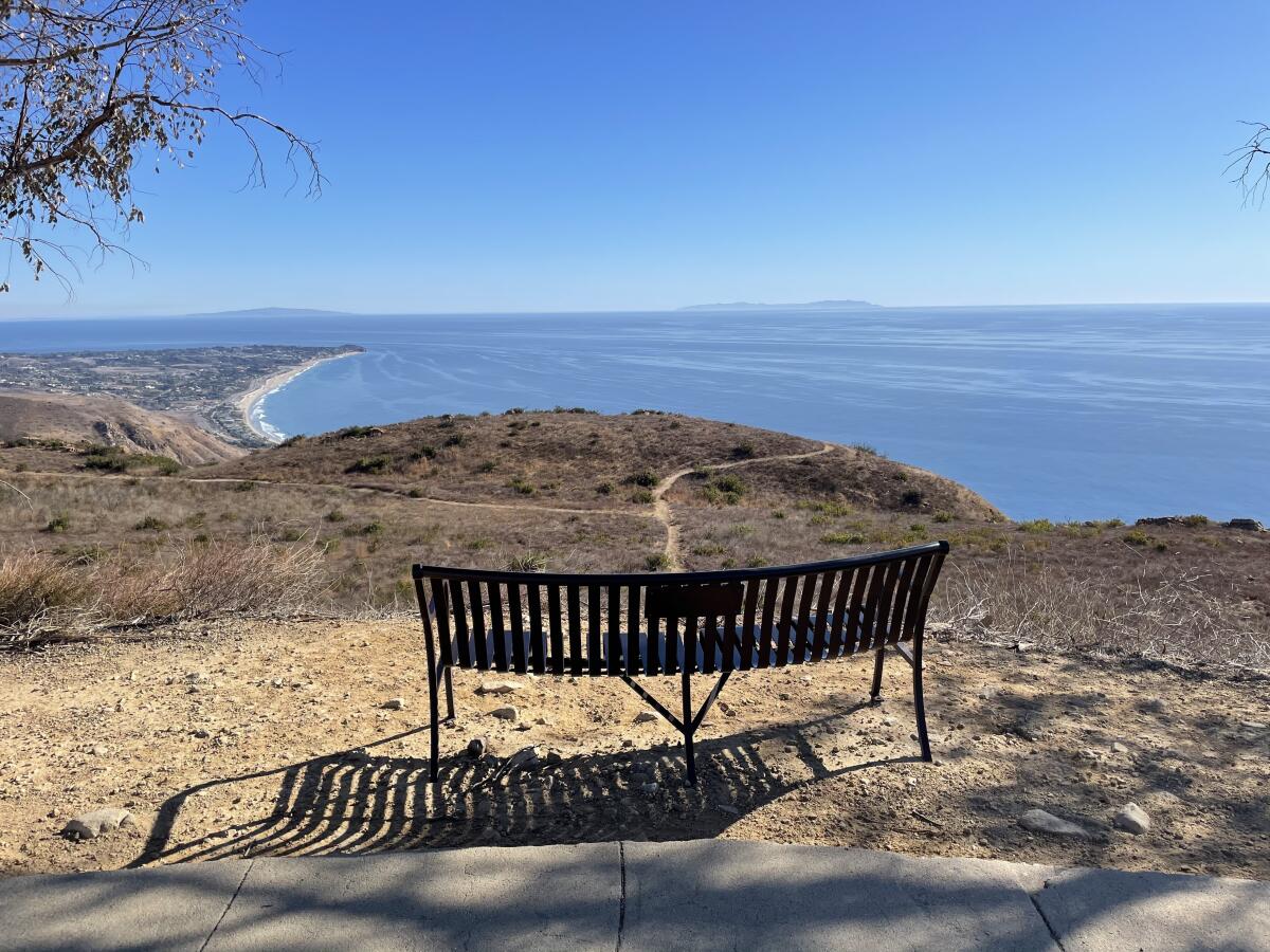 A wrought-iron curved bench sits atop a bluff with a view of ocean and coastline.