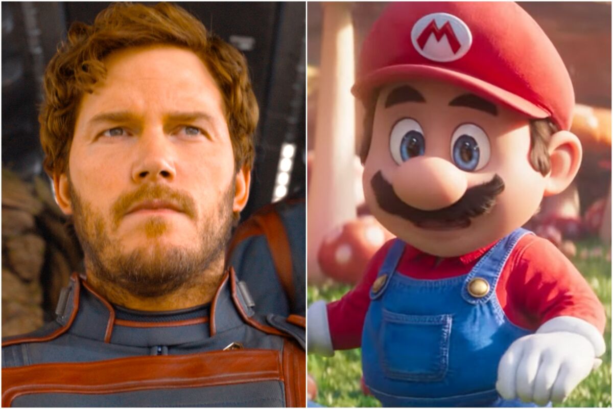 A split image of Chris Pratt in a space costume, left, and the video-game character Mario in a red shirt and blue overalls