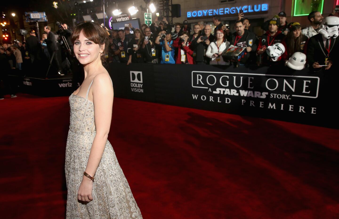 Actress Felicity Jones attends the world premiere of Lucasfilm's standalone Star Wars adventure "Rogue One: A Star Wars Story" at the Pantages Theatre in Hollywood on Saturday night.