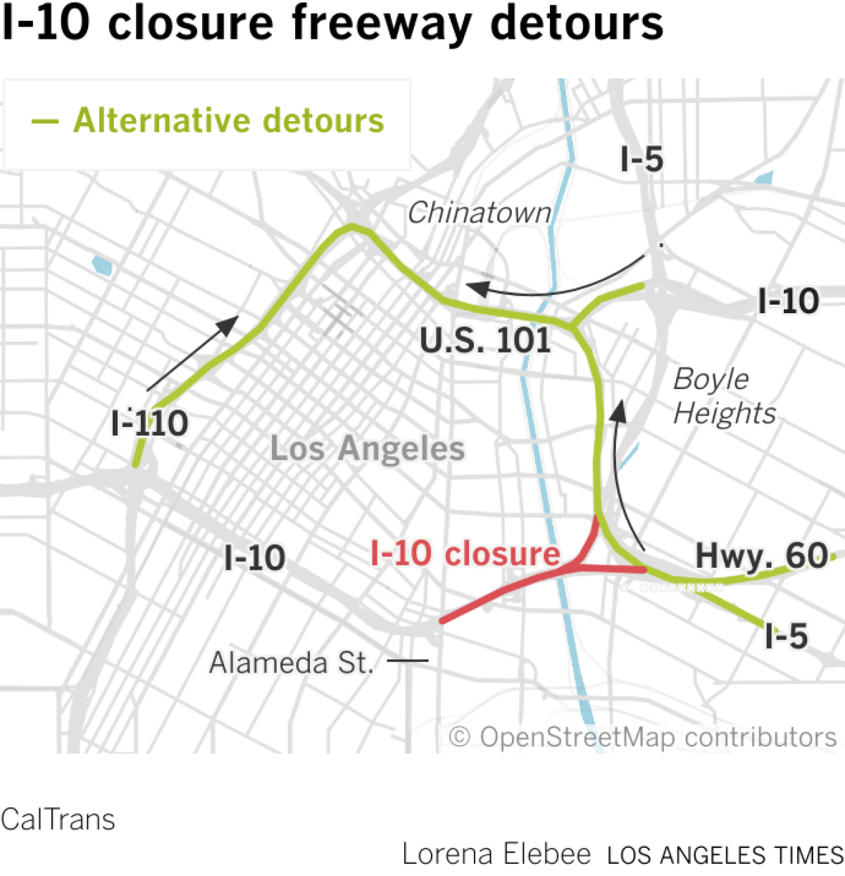 Map showing the I-10 closure freeway and alternative routes in downtown Los Angeles,