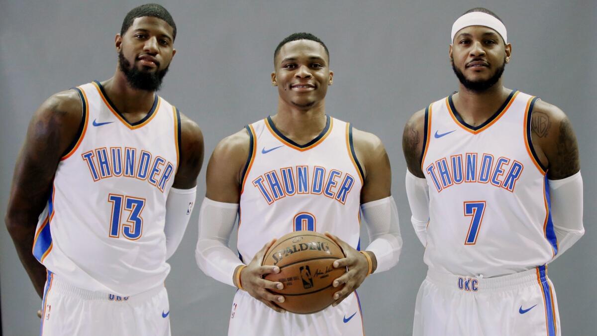 From left, Paul George, Russell Westbrook and Carmelo Anthony.