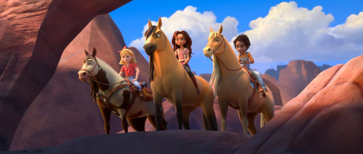 A CGI-animated image of a girls on horses