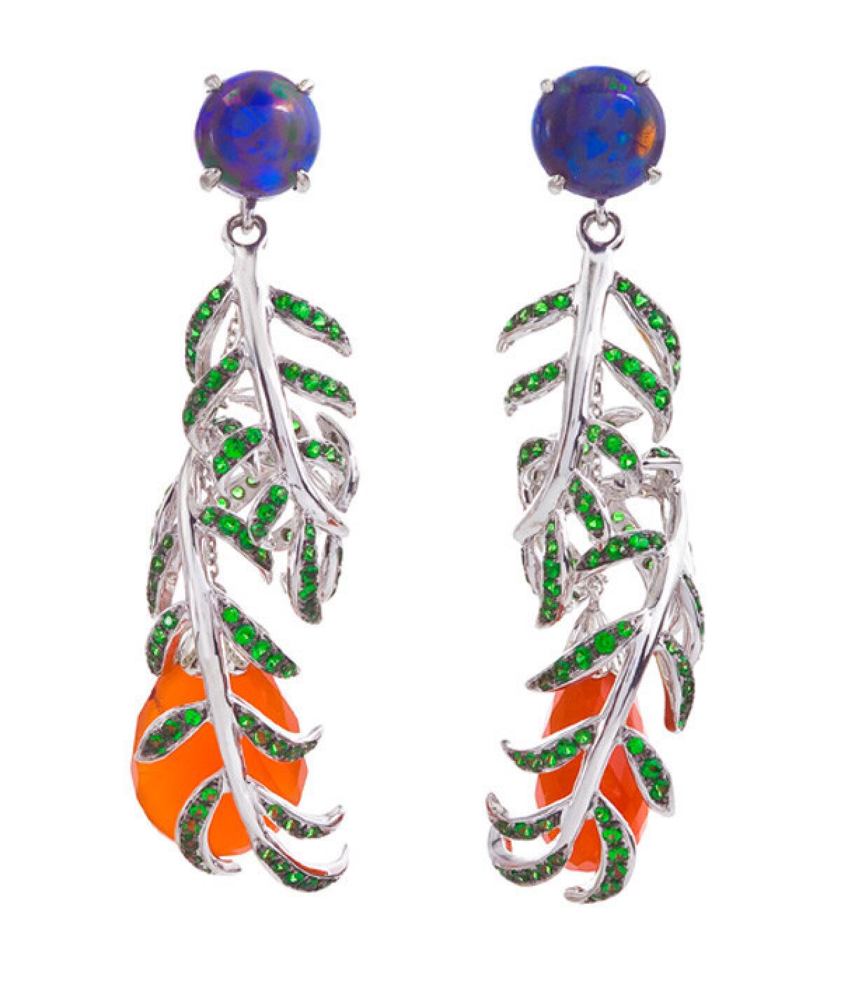 Katherine Jetter "Hanging Vine" earrings in 18-karat white gold with blue opal cabochons, tsavorite garnet pave on leaves, and 15-carat orange carnelian briolettes on 18-karat white gold chains.