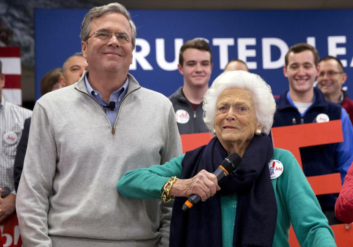 Jeb Bush campaigned in New Hampshire on Thursday night alongside his mother, former First Lady Barbara Bush. Tuesday's primary could be a last stand for the former Florida governor.