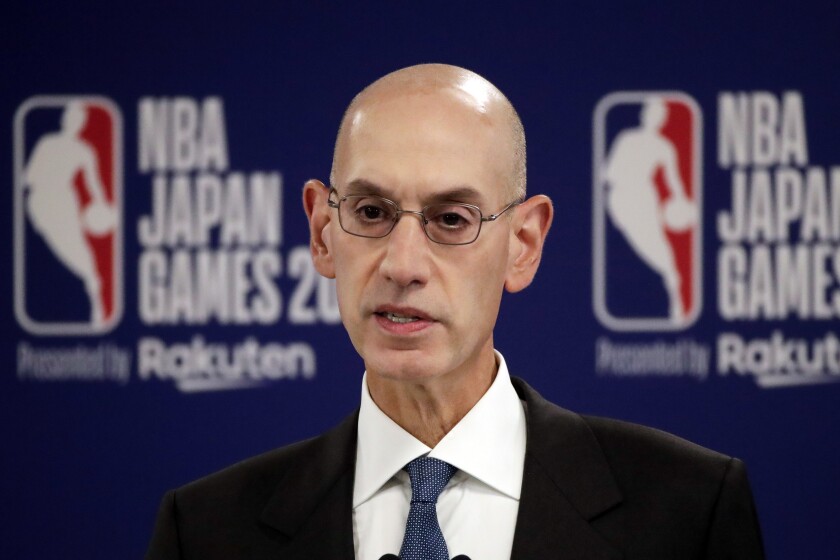 FILE - in this Oct. 8, 2019, file photo, NBA Commissioner Adam Silver speaks at a news conference before an NBA preseason basketball game between the Houston Rockets and the Toronto Raptors in Saitama, near Tokyo. Silver, in an interview with The Associated Press on Friday, Feb. 26, 2021, defended the league’s decision to have an All-Star Game in Atlanta on March 7 and said he believes the league can do so safely during a pandemic. (AP Photo/Jae C. Hong, File)