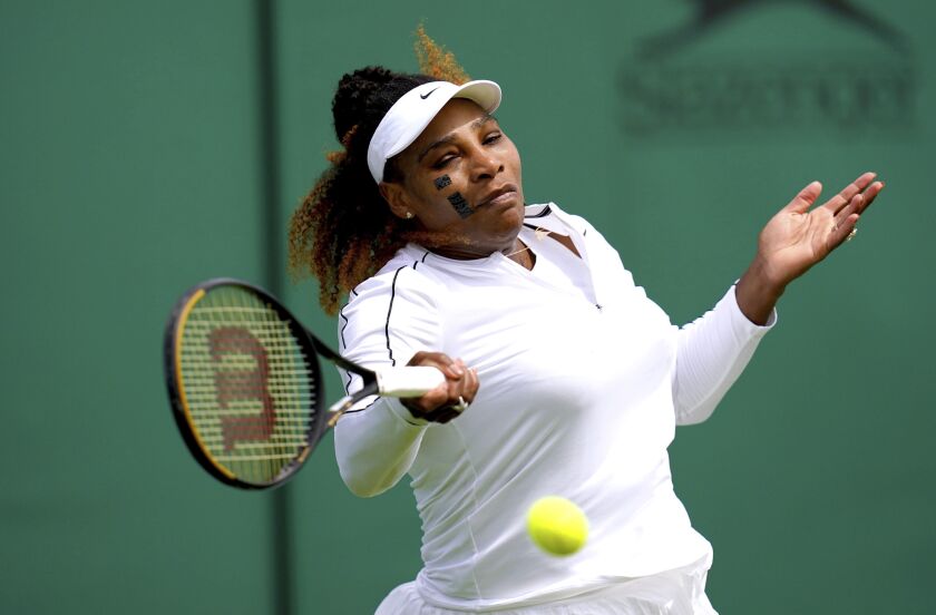 Serena Williams of the US during a practice session ahead of the 2022 Wimbledon Championship at the All England Lawn Tennis and Croquet Club, Wimbledon, London, Saturday, June 25, 2022. (John Walton/PA via AP)
