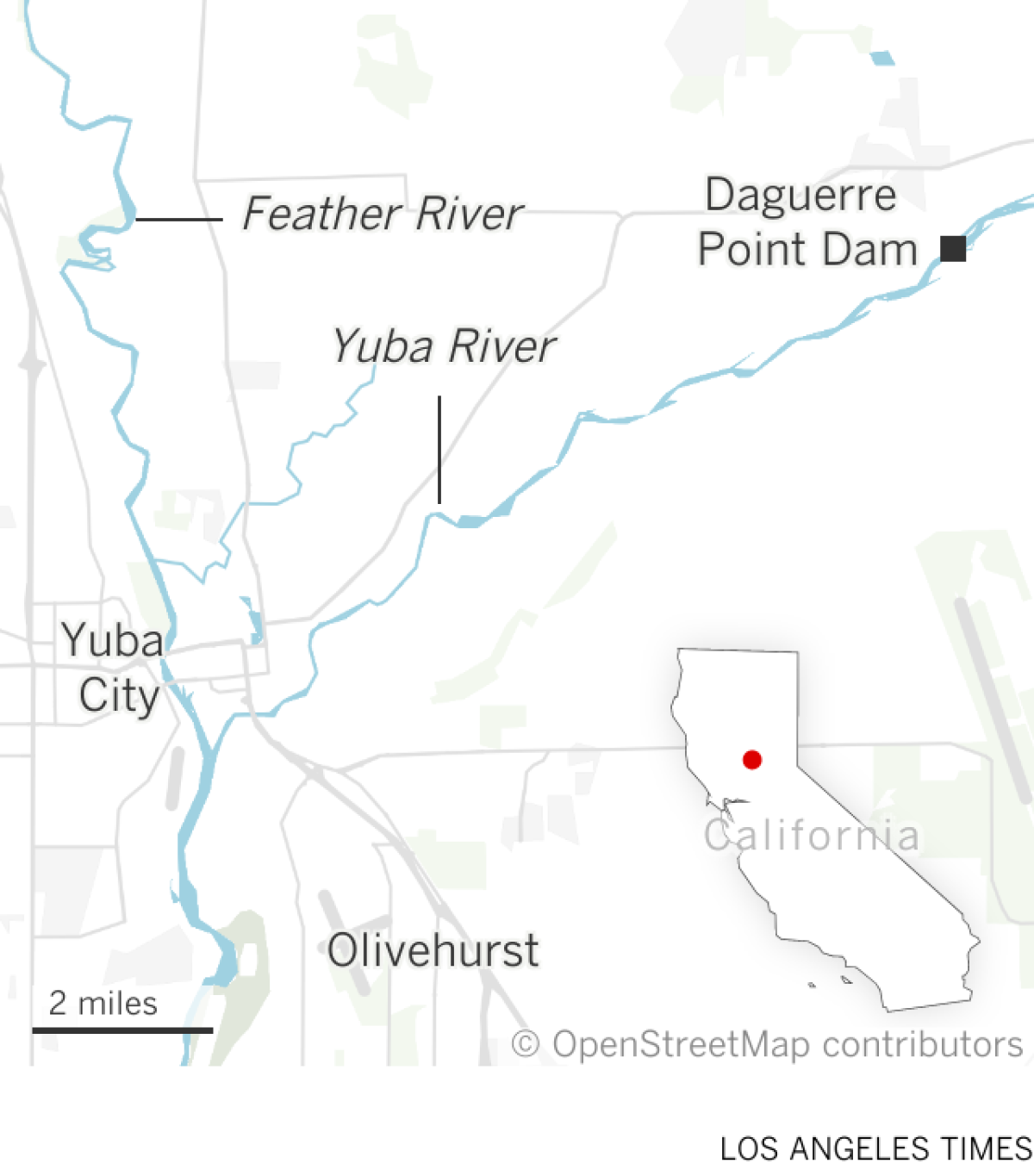 Map shows the location of the Daguerre Point Dam on the Yuba River in Northern California.