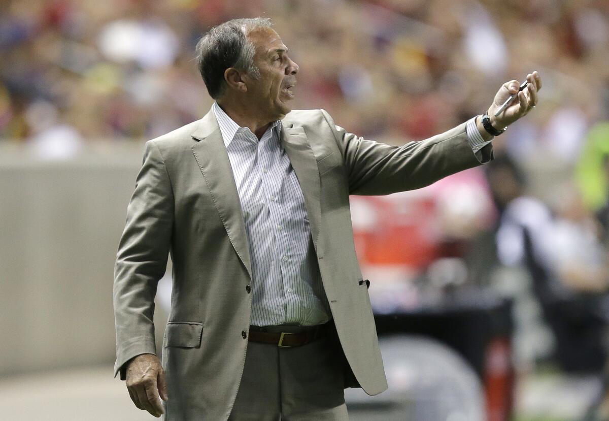 Galaxy Coach Bruce Arena shouts to his team during the first half of a match against Real Salt Lake on Sept. 7.
