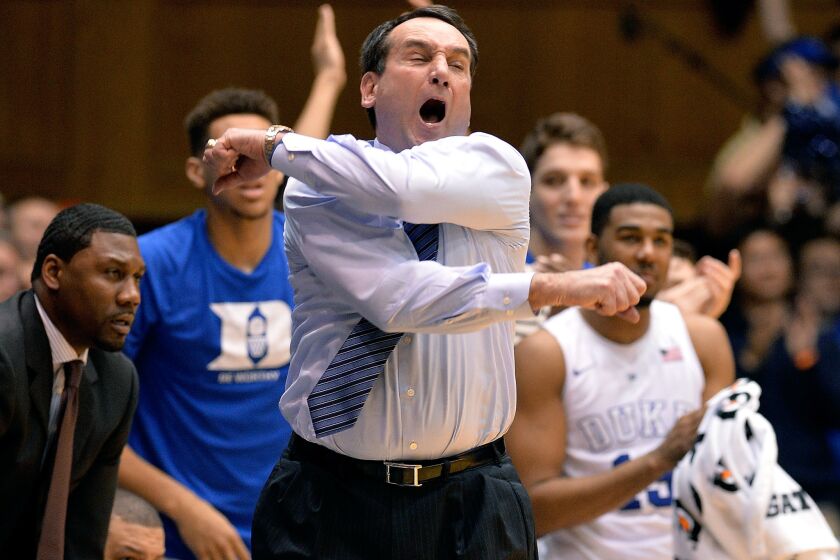 Duke Coach Mike Krzyzewski reacts during a game against Wake Forest on Tuesday.
