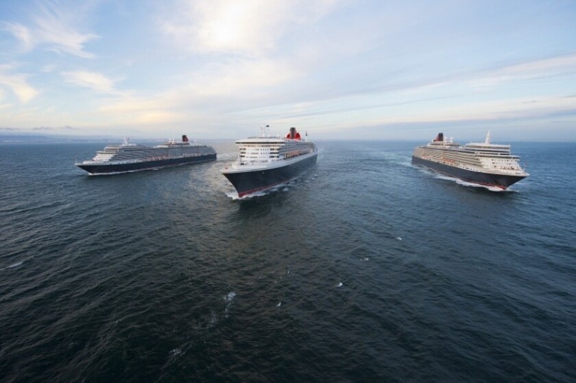 Luxury line Cunard's three ships — Queen Mary 2, Queen Elizabeth and Queen Victoria — will suspend sailings through May 15. The ships met up in 2015 to mark the company's 175th anniversary.