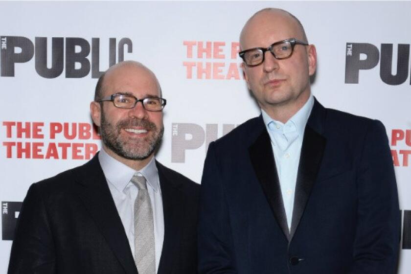 Scott Z. Burns, left, and Steven Soderbergh attend an opening-night celebration of "The Library" on Tuesday at the Public Theater in New York.