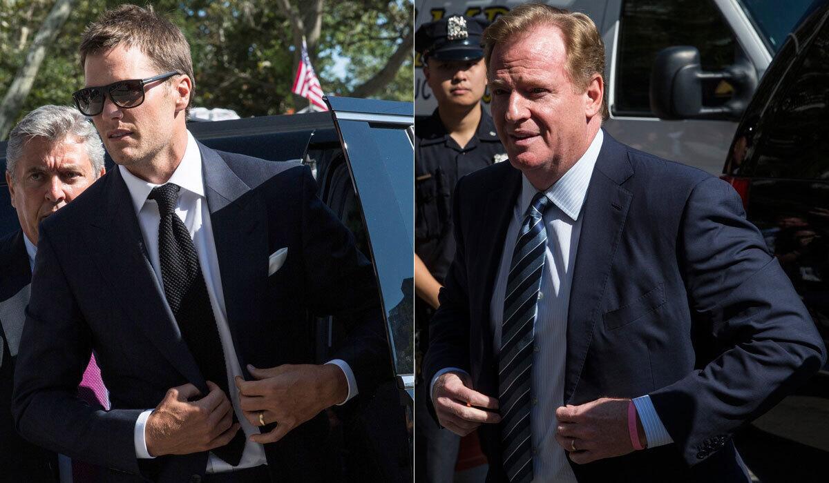 New England Patriots quarterback Tom Brady, left, and NFL Commissioner Roger Goodell arrive separately for their Wednesday hearing in New York.