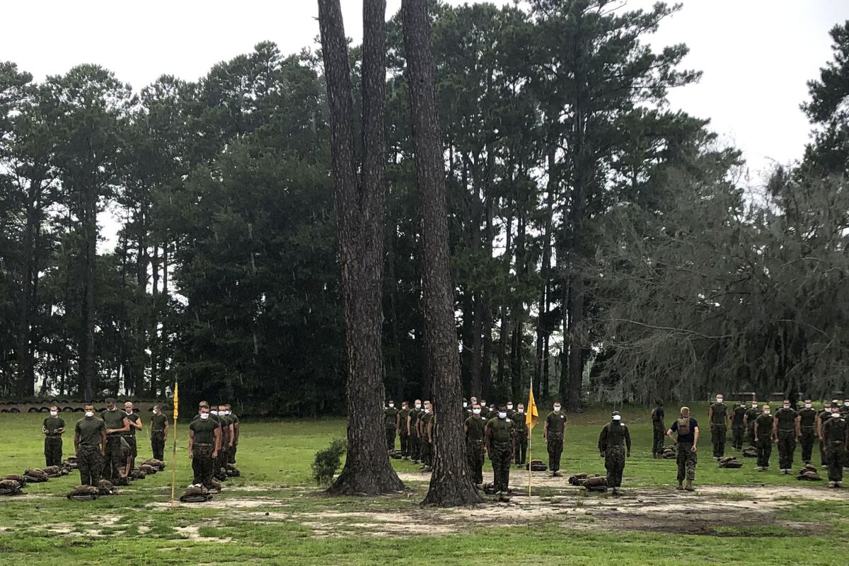 Marine recruits line up at Parris Island Recruit Depot in South Carolina.