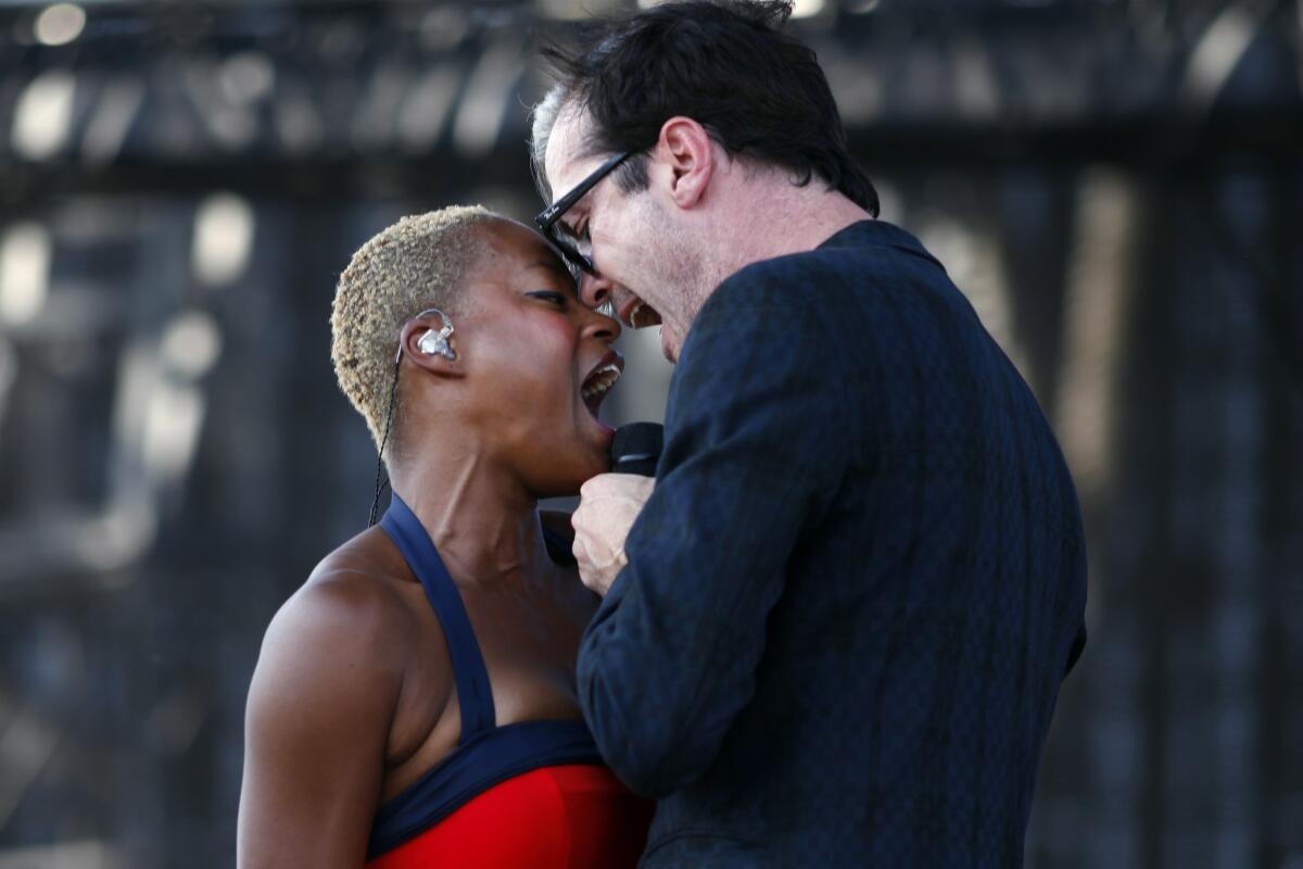 Michael Fitzpatrick and Noelle Scaggs, of Fitz and the Tantrums, perform at the Coachella Valley Music and Arts Festival, held at the Empire Polo Club in Indio.