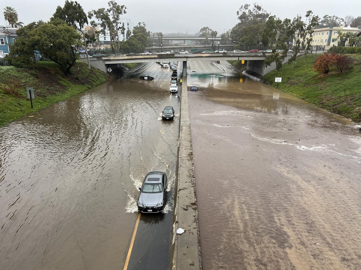 The I-5 freeway is closed in downtown San Diego due to flooding from Monday's storm.