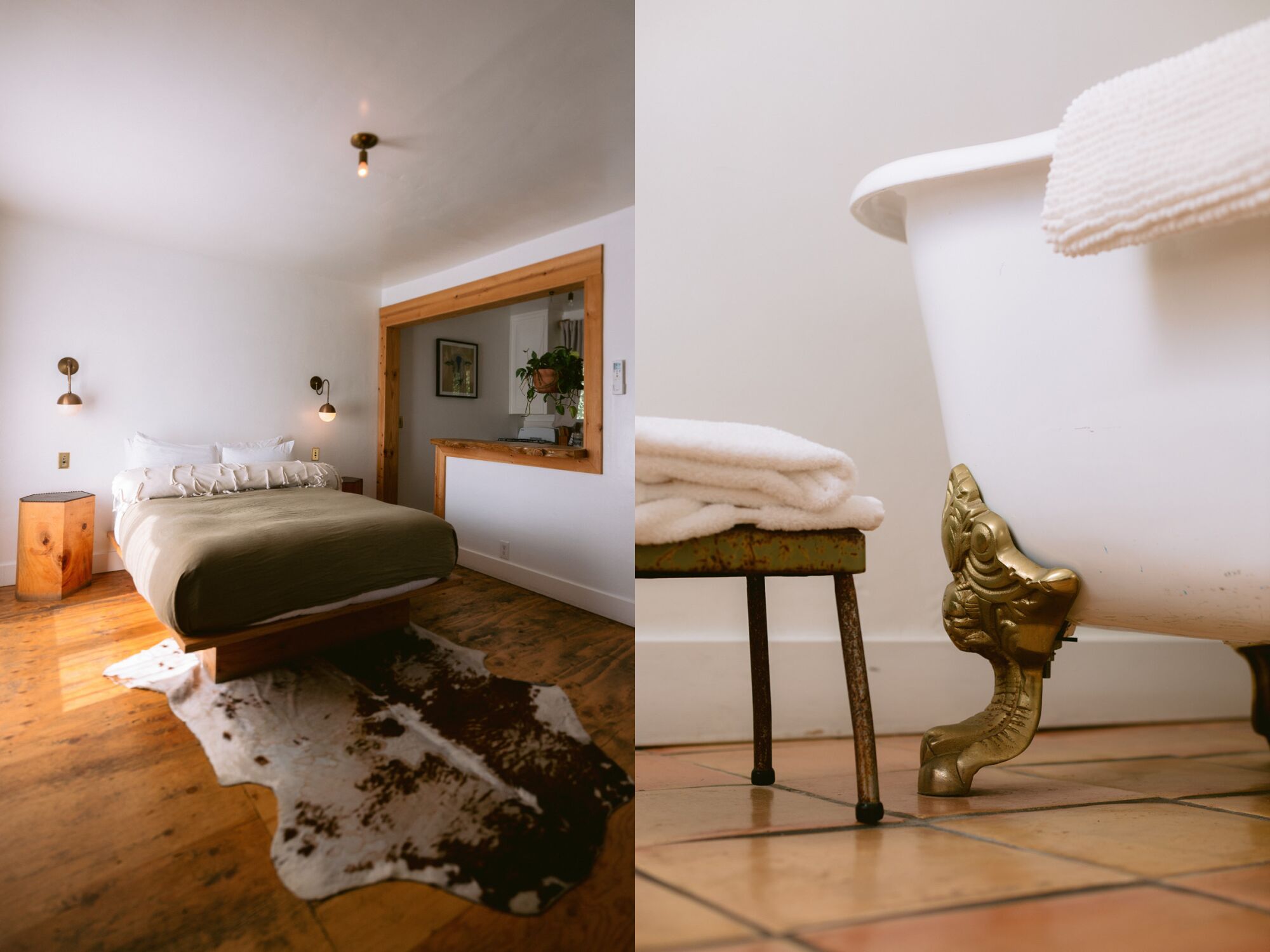 Two photos side by side of the inside of a hotel room, left, and a detail of a claw footed bathtub, right.
