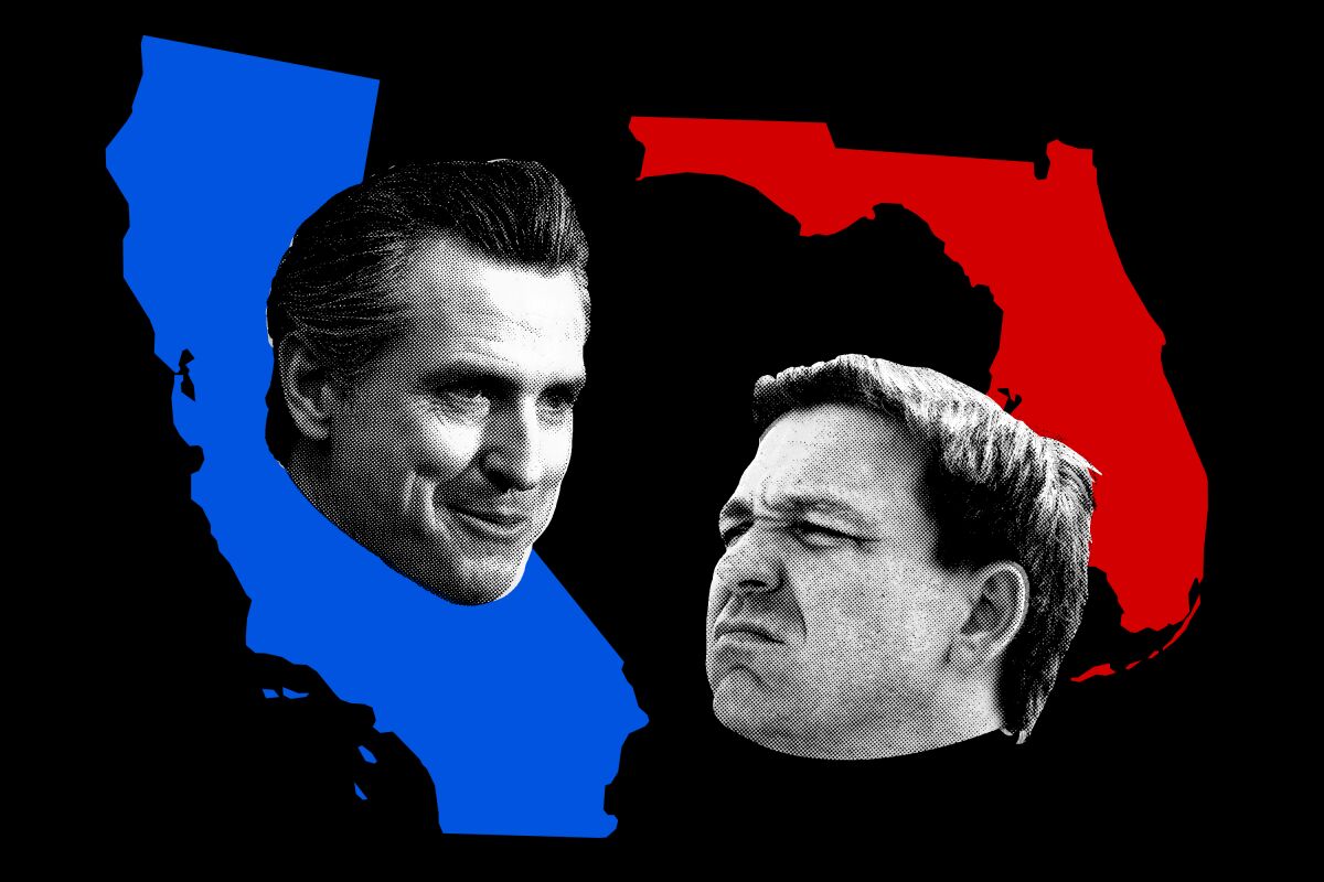 A photo illustration of Gavin Newsom's head over a blue image of California and Ron DeSantis' head over a red Florida