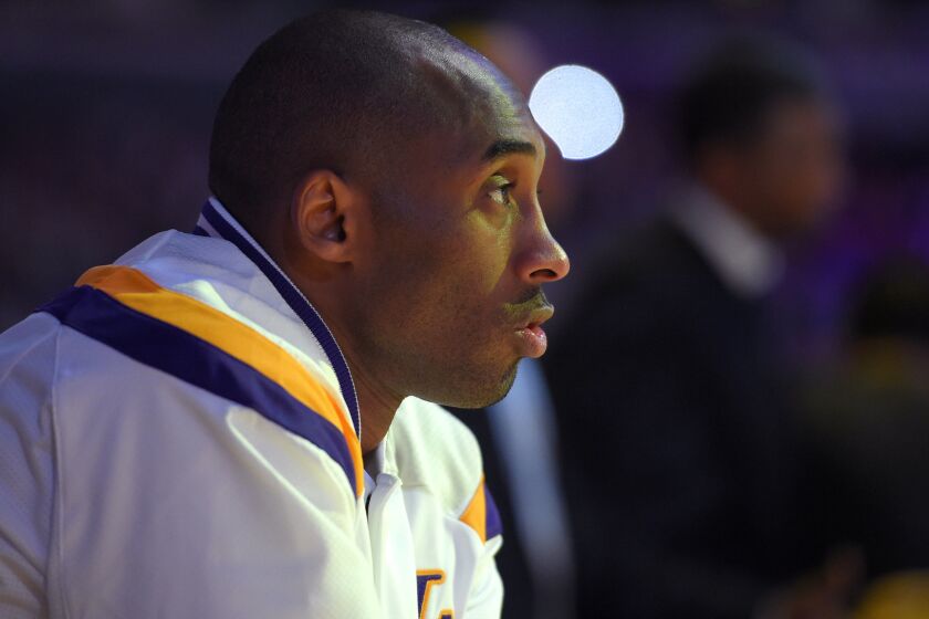 Lakers guard Kobe Bryant waits to be introduced before a game against the Indiana Pacers at Staples Center on Jan. 4.