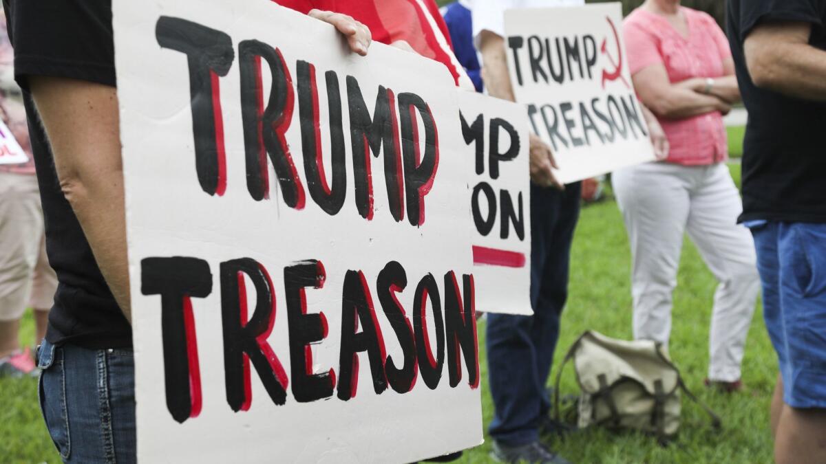 Protesters accuse President Trump of treason.